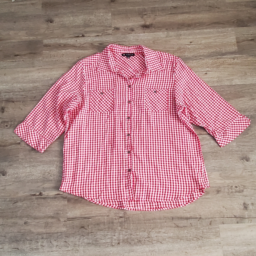 N Touch Red and White Button Shirt